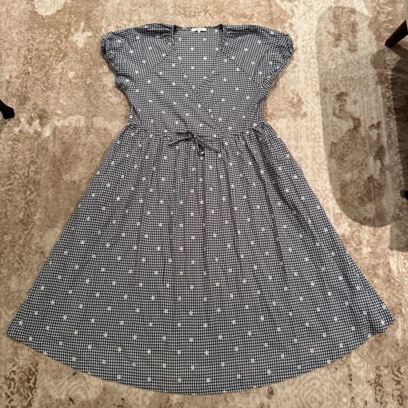 Madewell Faux Wrap Embroidered Gingham Check in preppy Navy Midi Dress Tie Waist - Picture 5 of 16